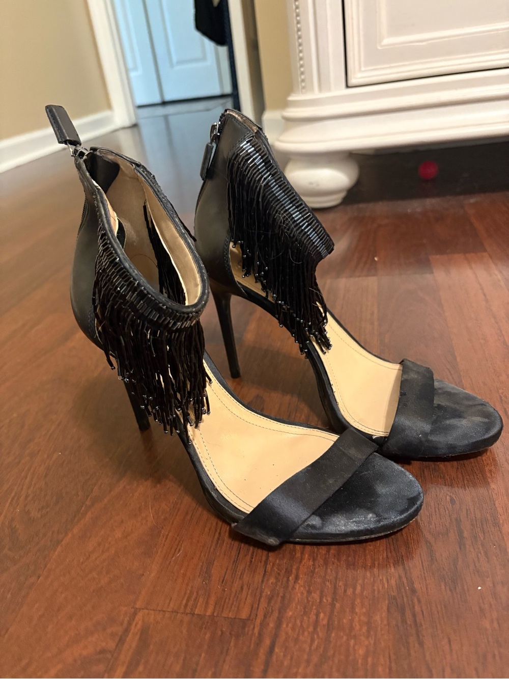 BCBGMaxAzria Black Fringe Open-Toe Stiletto Heels